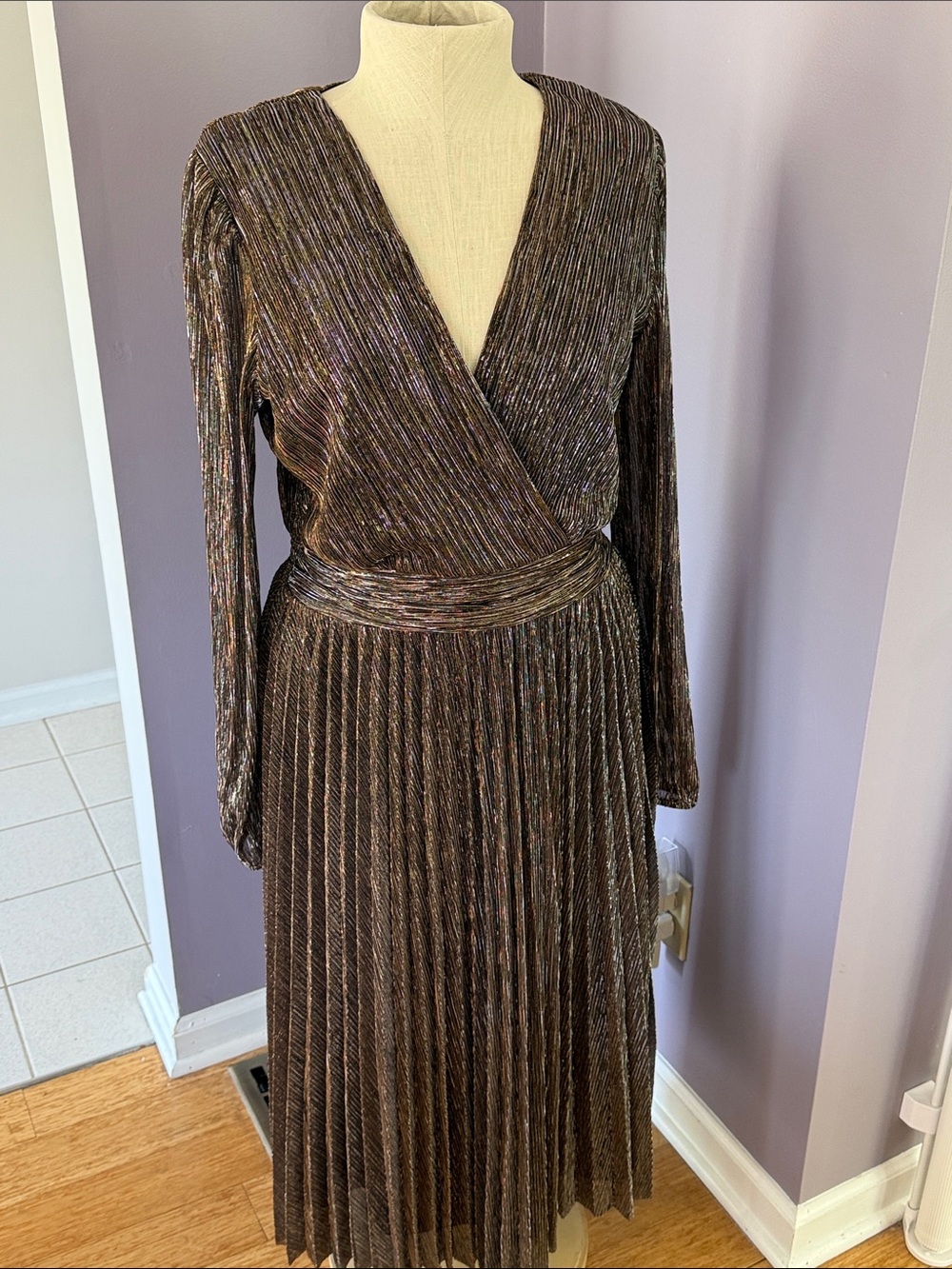 MSK Metallic Bronze Pleated Wrap-Style Long Sleeve Midi Dress